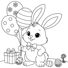 Cute Easter Bunny holding balloons coloring page for kids