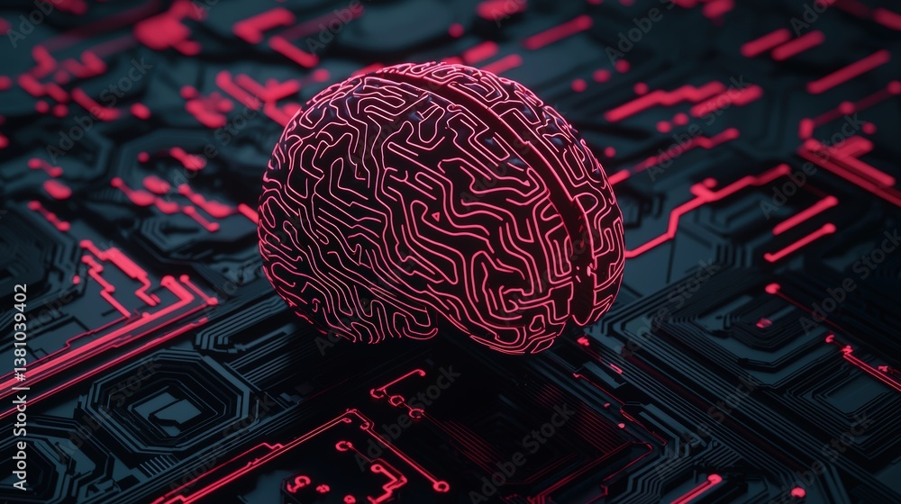 Poster a glowing brain formed from circuit patterns, set against a dark, tech-inspired background, symboliz