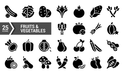 25 Glyph Icons for Fruits and Vegetables.