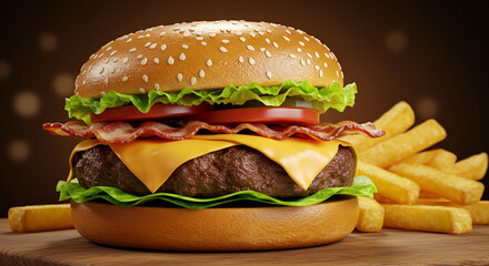 A large hamburger with bacon and cheese on top, and a side of french fries