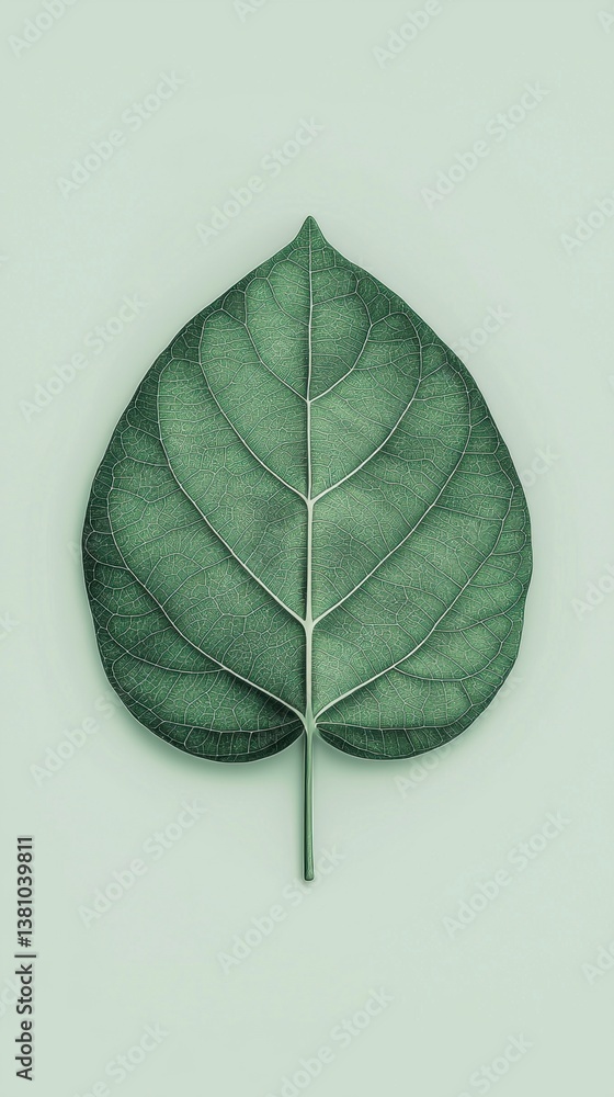 Poster a detailed green leaf displayed on a soft background, showcasing its intricate vein patterns and nat