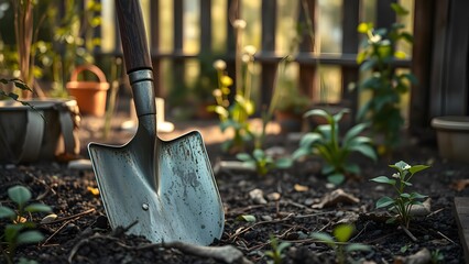 Gardening shovel stuck in rich soil among young plants in a sunlit backyard garden.  