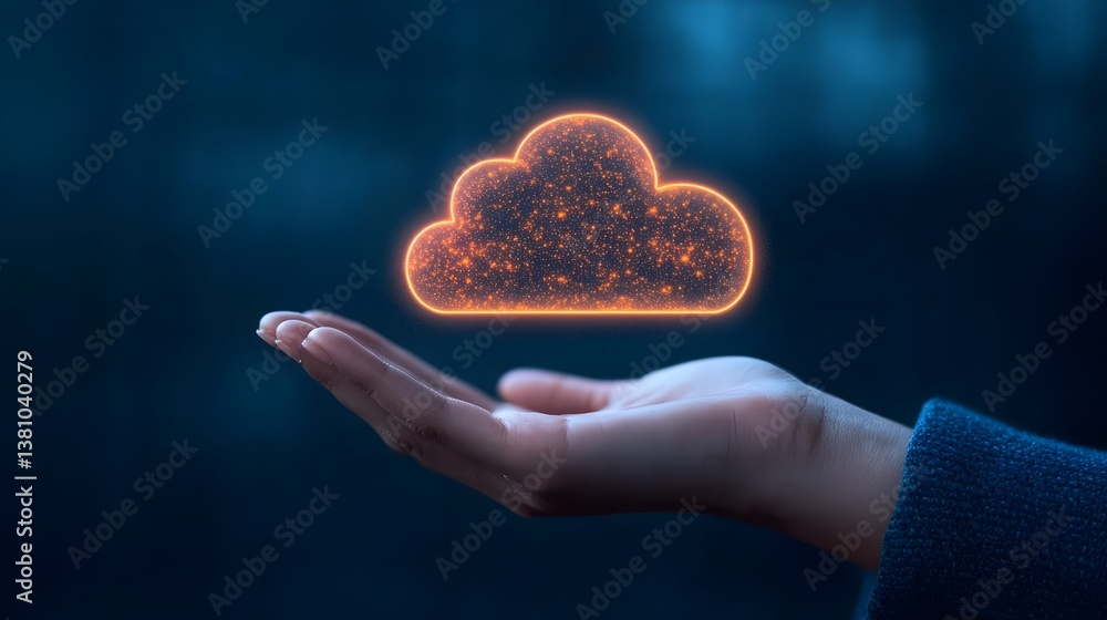 Poster hand holding glowing cloud with digital icons representing futuristic technology and cloud computing