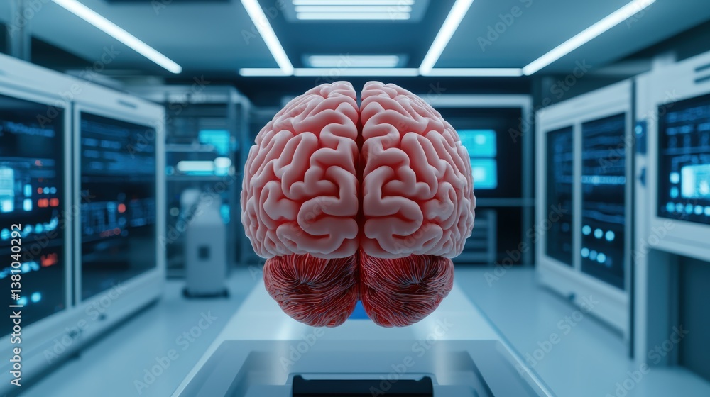 Poster a detailed, futuristic depiction of a brain displayed in a high-tech lab environment, showcasing adv