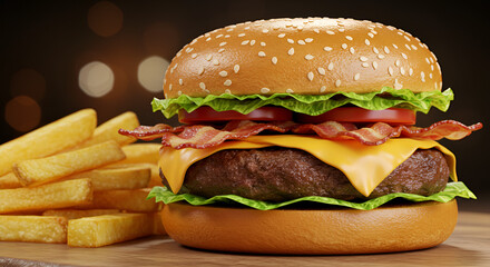 A large hamburger with bacon and cheese on top, and a side of french fries