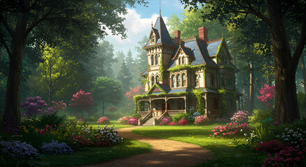 A large house with a garden in front of it