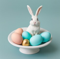 A cute, fluffy bunny seated on a nest of pastel-colored eggs, against a soft blue studio background. Generative AI