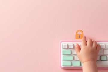 child hand reaches for colorful toy-like keyboard with padlock symbol in center symbolizing concept of cybersecurity