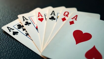 Obraz premium Four aces fanned out, showcasing card details and textures , diamonds, gambling, texture