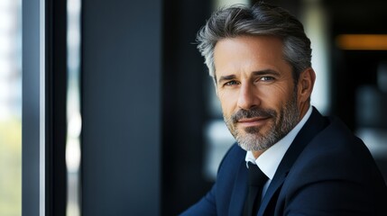 Fototapeta premium Confident businessman in formal attire, embodying professionalism and leadership in a modern office setting. 