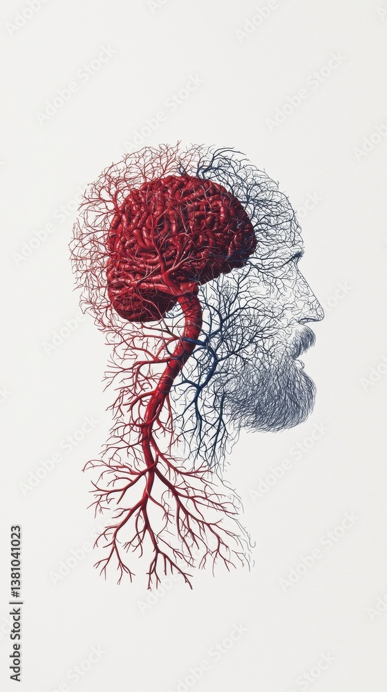 Poster an artistic representation of a brain connected to tree-like roots emerging from a human profile, sy