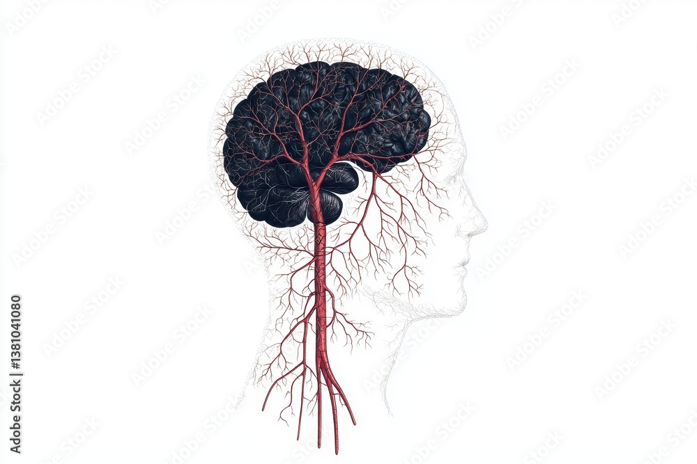Poster an artistic representation of a human brain with intricate vascular patterns, showcasing the connect