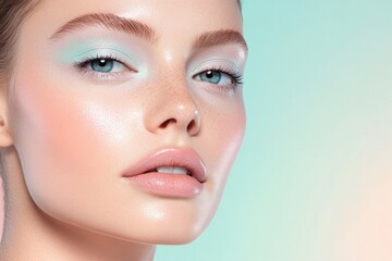 Fototapeta premium close-up portrait of woman face with soft pastel spring makeup highlighting her eyes cheeks and lips
