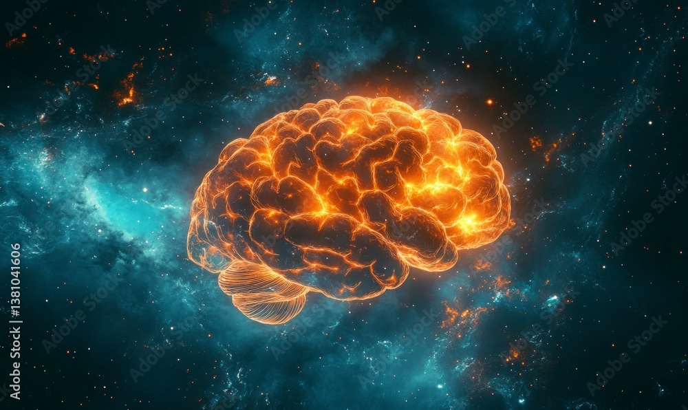 Poster glowing brain with universe background sparking ideas and innovative thinking