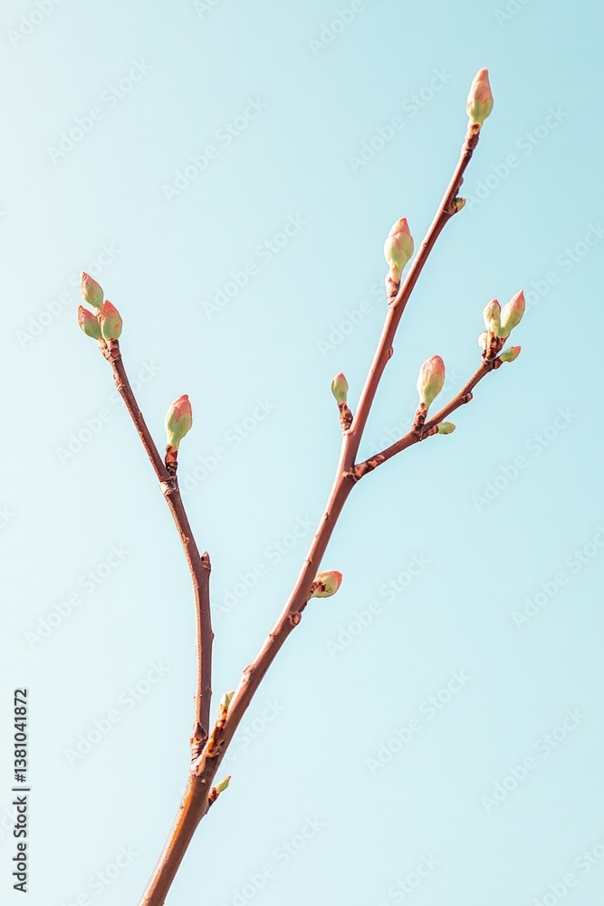 Poster creative angle of budding branches reaching towards sky emphasizing dynamic energy of growth