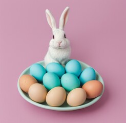 Obraz premium A cute, fluffy bunny seated on a nest of pastel-colored eggs, against a soft blue studio background. Generative AI