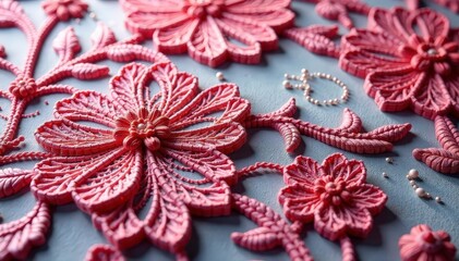 Intricate floral lace fabric texture close-up, design, damask, surface