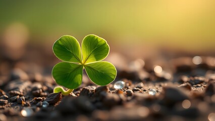 Four-leaf clover sprouting from soil in sunlight, symbolizing luck, hope, and new beginnings in nature.  