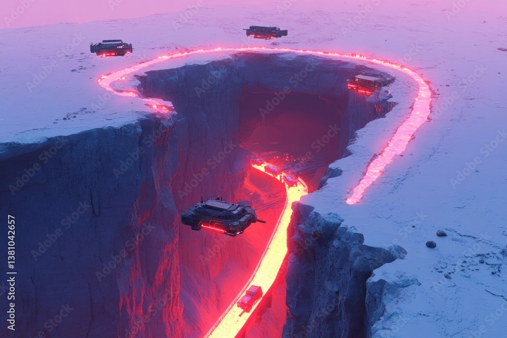 Poster drone view of alien settlement nestled in crater featuring glowing pathways and hovering transport v