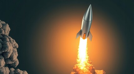 A silver rocket blasts off into the deep dark outer space