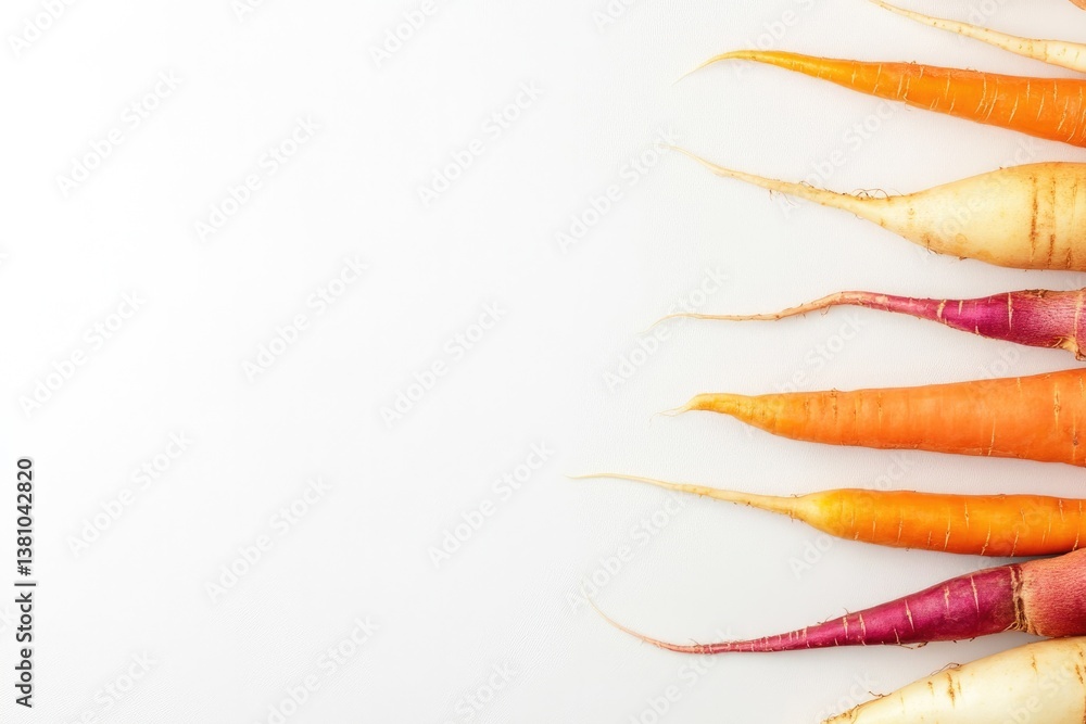 Poster dynamic image of mixed root vegetables arranged symmetrically on clean white background with generou