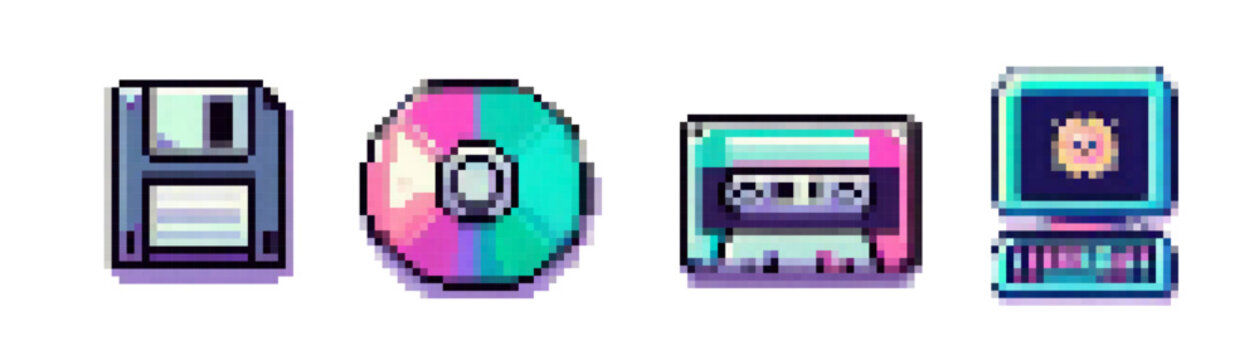 Pixel art vector illustration featuring a floppy disk, CD, cassette tape, and vintage computer. Showcases retro technology with vibrant colors and a nostalgic feel from the 80s and 90s.