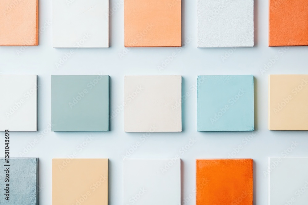 Poster grid of intriguing abstract squares with varying colors and textures on light background