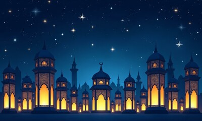 Fototapeta premium the silhouettes of intricate lantern designs in contrasting blue and gold, set amidst a sky full of bright stars.