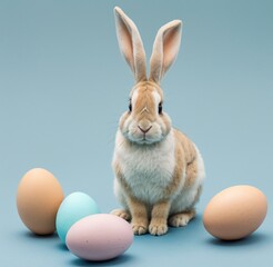 Obraz premium A cute, fluffy bunny seated on a nest of pastel-colored eggs, against a soft blue studio background. Generative AI