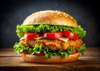 Ultra-Realistic Crispy Chicken Burger with Golden Breaded Chicken Filet, Lettuce, and Tomato – Professional Studio Photography