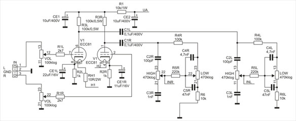 Schematic diagram of digital electronic device 
on paper sheet. Vector drawing electrical circuit with 
semiconductor lamp anode cathode, connector, 
capacitor, trimming resistor, other components.