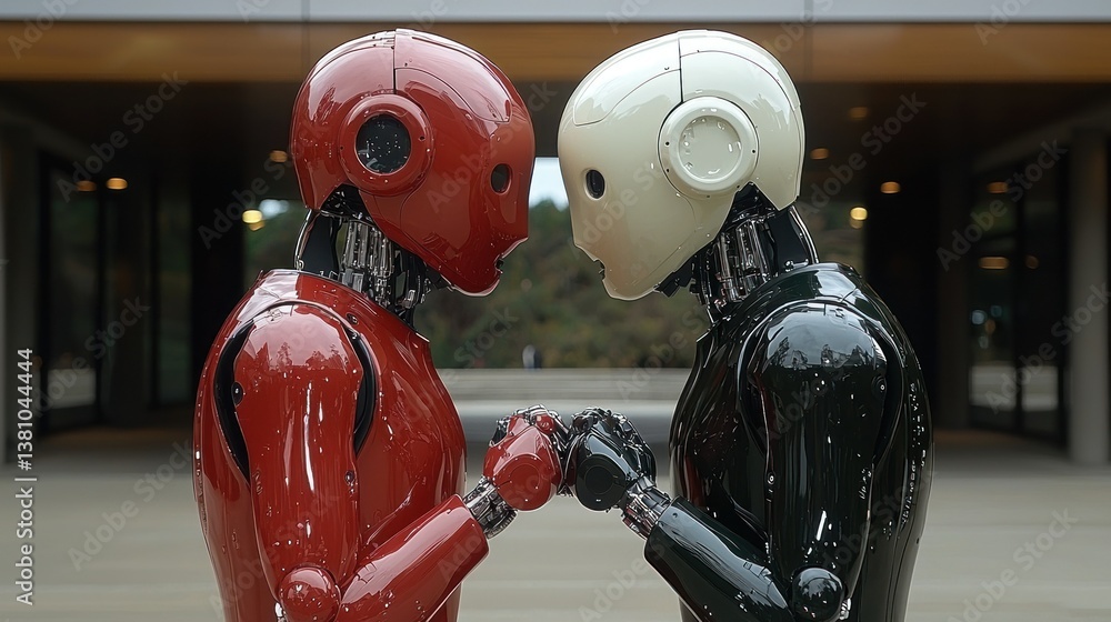 Poster two robots, red and black, facing each other, a futuristic encounter in a modern setting