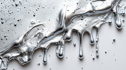Metallic silver liquid flows over a white surface