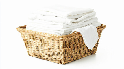 Wicker basket with neatly stacked white laundry Generative AI