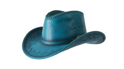 A teal cowboy hat. Leather texture detail and a simple band can be seen.