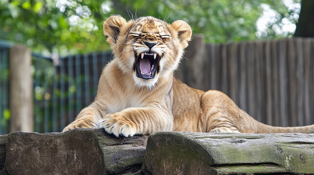 Yawning lion cub portrait in a serene environment Generative AI - Powered by Adobe