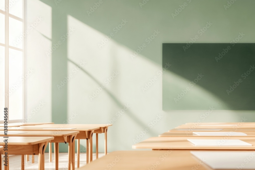 Poster minimalistic classroom with rows of empty wooden desks and clean chalkboard offers abundant copy spa