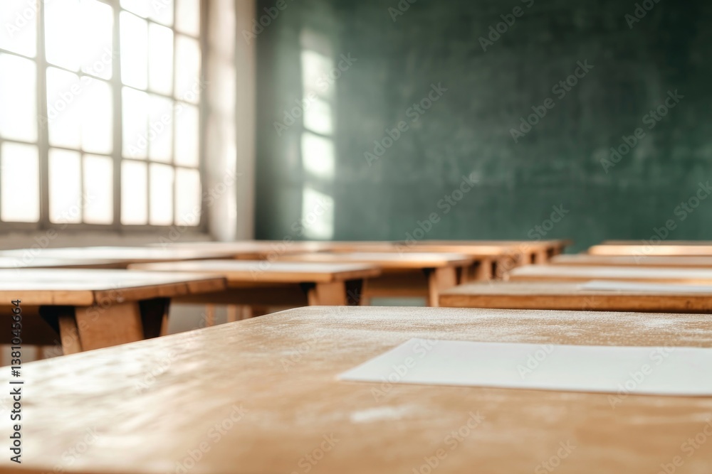 Poster minimalistic classroom with rows of empty wooden desks and clean chalkboard offers abundant copy spa