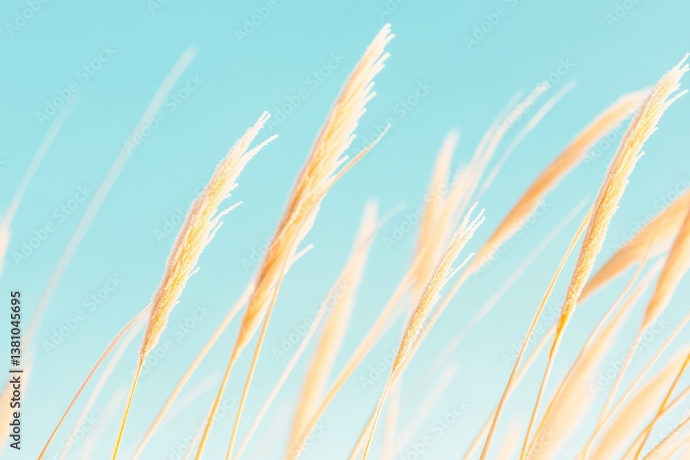 Poster minimalistic close-up of frost-covered grass with golden sunlight casting soft shadows creating tran