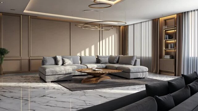 Elegant Living Room Interior: A luxurious living room with a sectional sofa and modern design elements, showcasing the beauty of interior design and architectural detail. 