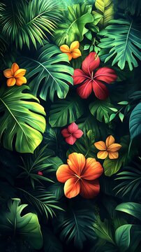 Vibrant Tropical Foliage with Green Leaves and Bright Hibiscus Flowers on Dark Background
