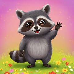 Fototapeta premium Cute raccoon cartoon waving hand