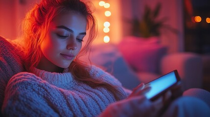 Woman smiles looking at tablet. Warm lighting, cozy sweater, relaxed indoors
