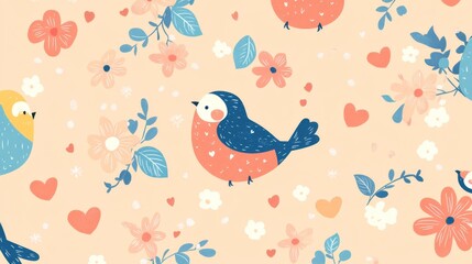 Birds in floral design nature digital art playful environment close-up whimsical concept