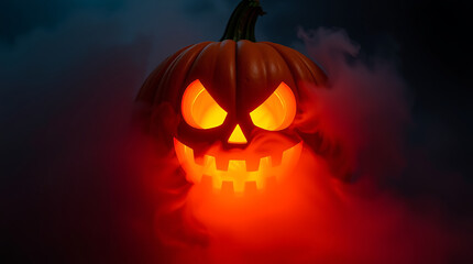 Naklejka premium glowing pumpkin lantern with spooky face surrounded by mist creating a chilling Halloween atmosphere 8k scene