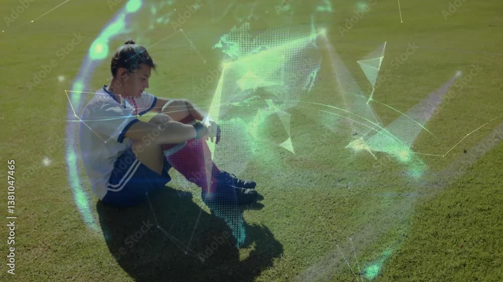 Poster soccer player sitting on field with digital globe animation overlay