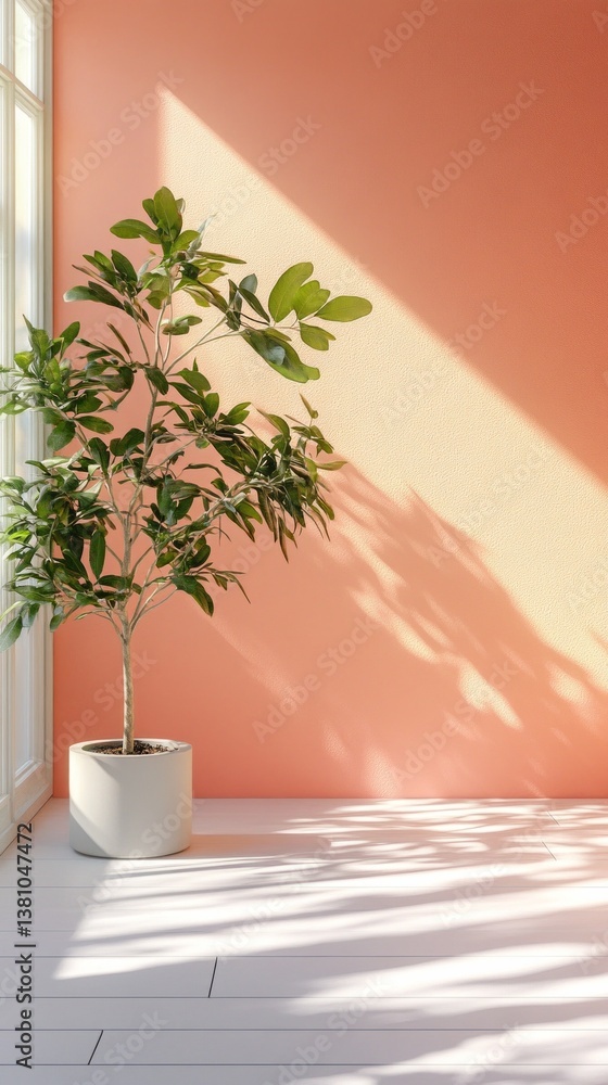 Poster sunlight streams through large windows, casting playful shadows on a warm coral wall. a striking gre