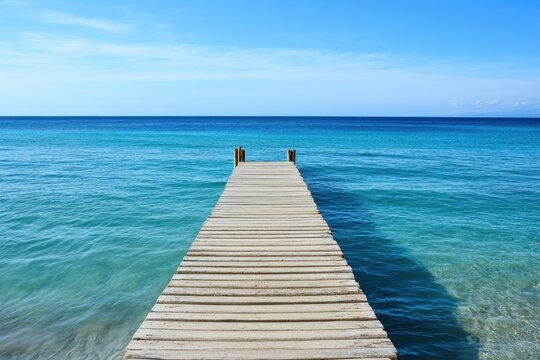 Wooden dock extends into clear blue ocean under sunny sky in tropical location