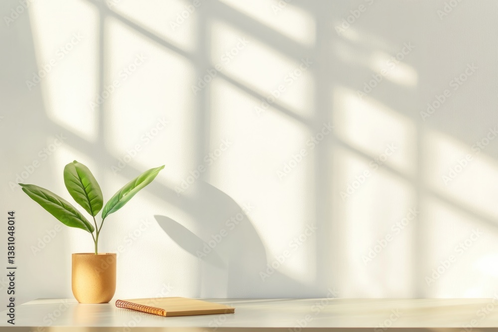 Poster serene minimalist workspace with sleek desk featuring subtle plant and notebook soft natural light s