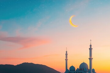 Obraz premium serene night sky illuminated by crescent moon and stars symbolizing eid al-fitr celebrations